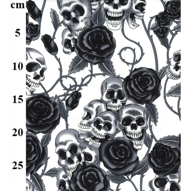 Tela de algodón rosas negras y calaveras