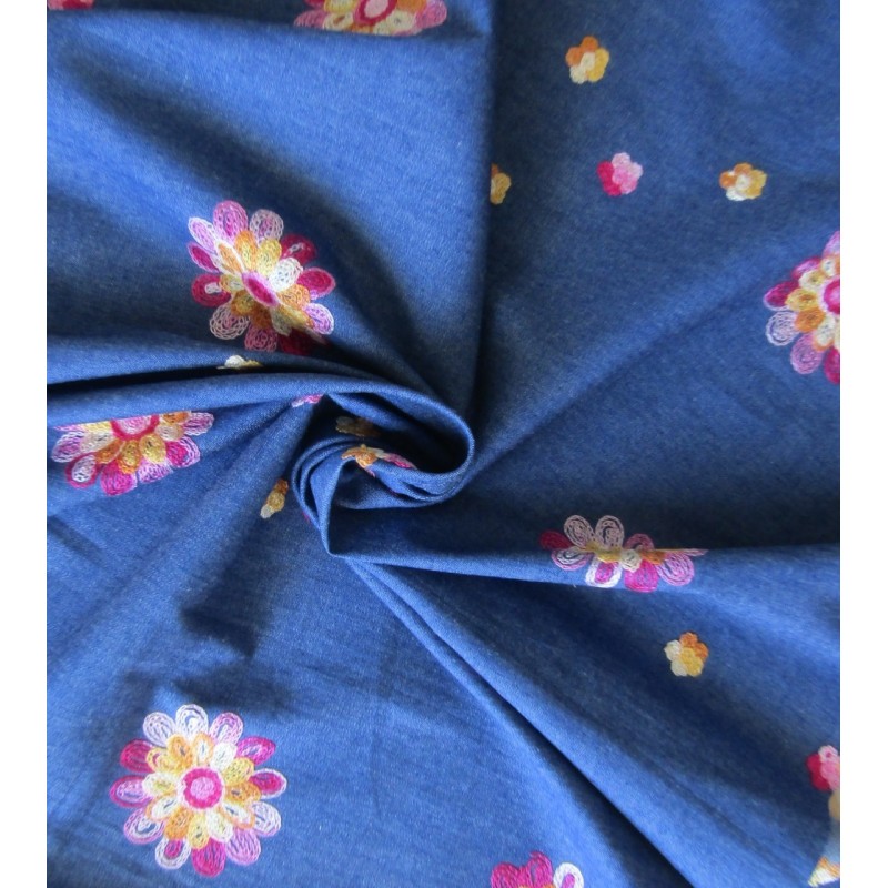 Denim fino bordado flores multicolor