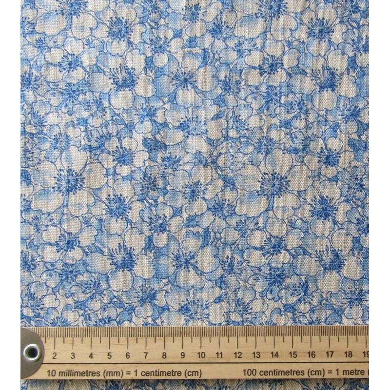 Lino grueso estampado flores azules